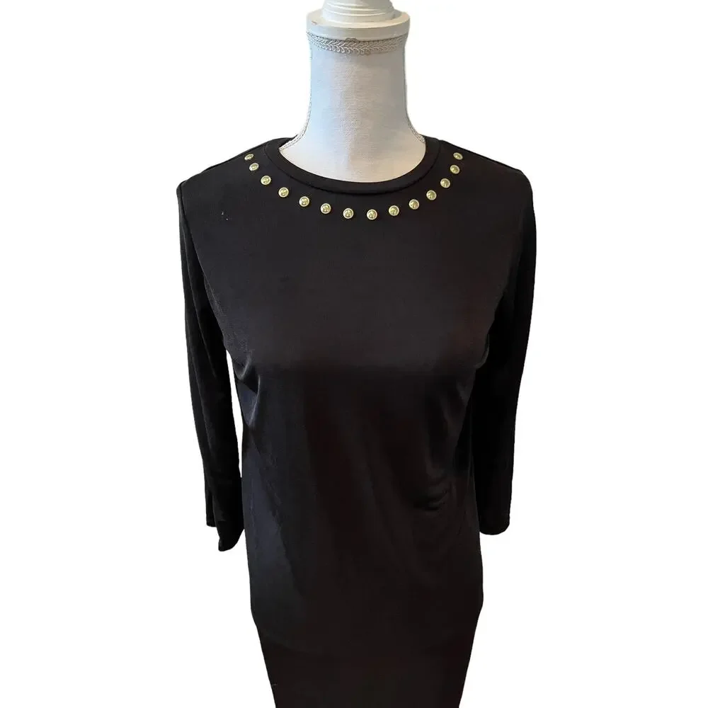 Michael Kors Long Sleeve Dress Gold Studded Neckline Detail M